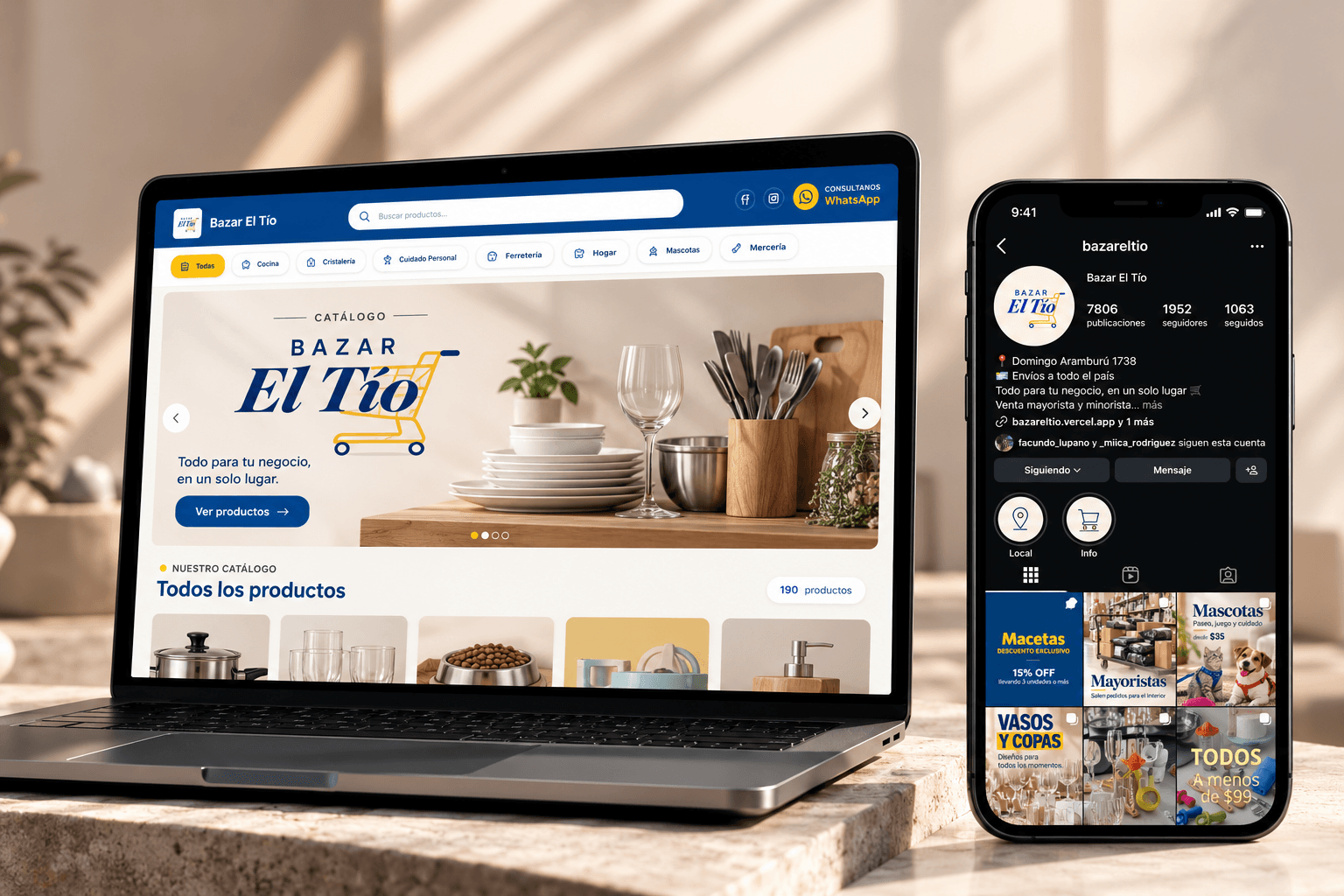 Tienda online y contenido de redes de Bazar El Tío en laptop y celular