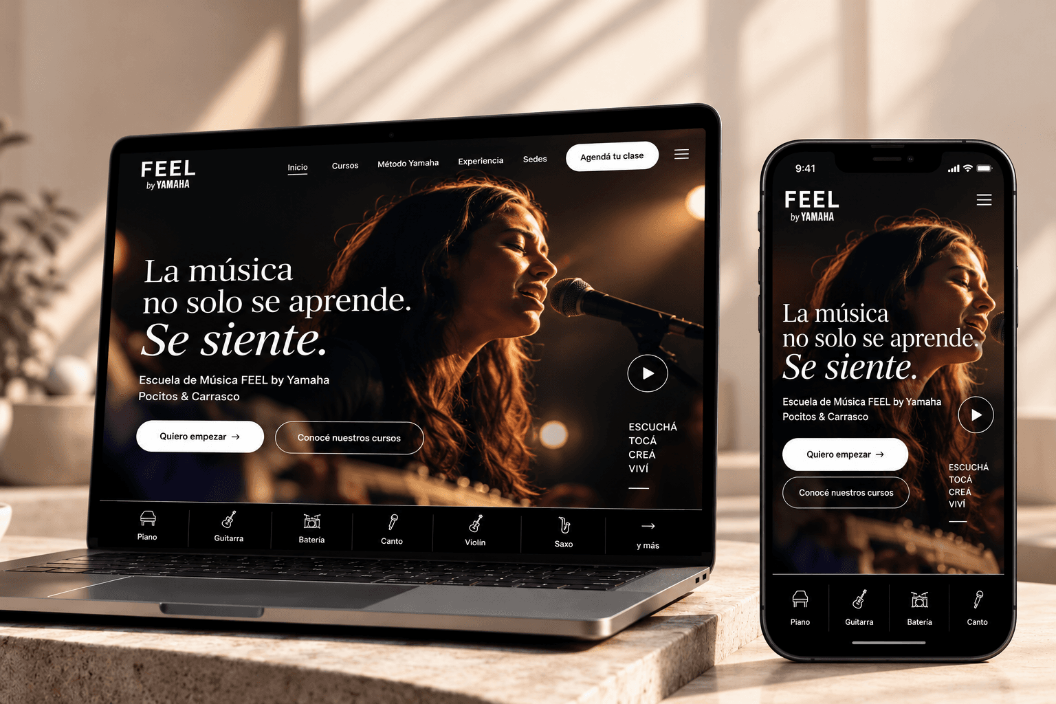 Landing de FEEL by Yamaha en laptop y celular