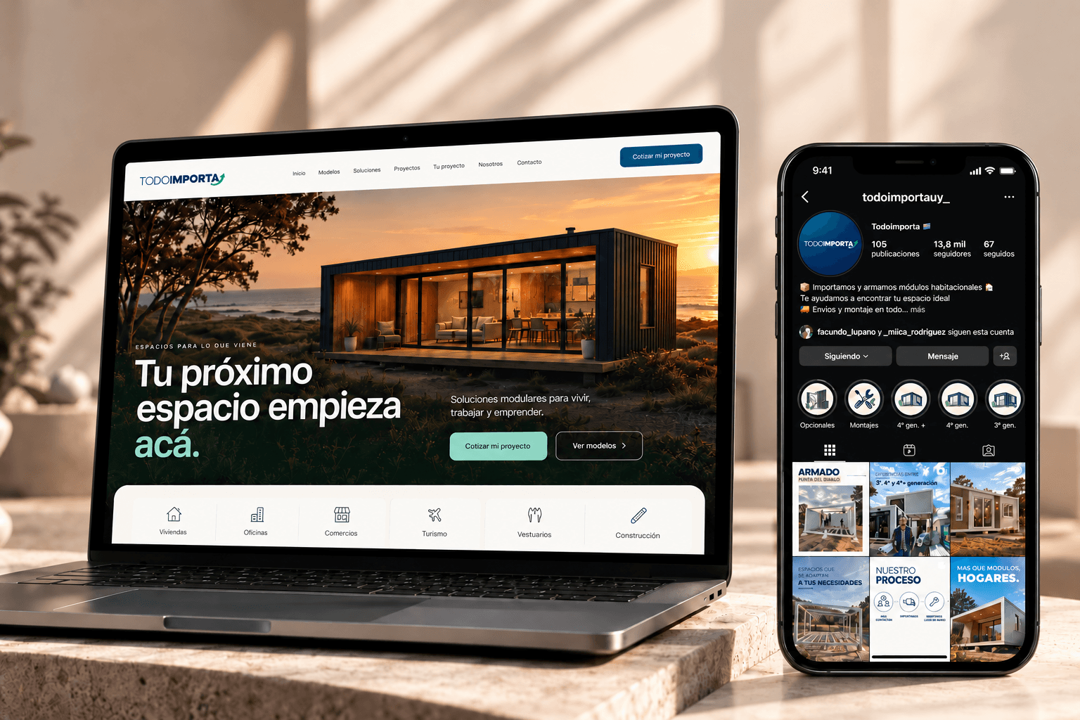 Sitio web y contenido de redes de Todo Importa en laptop y celular